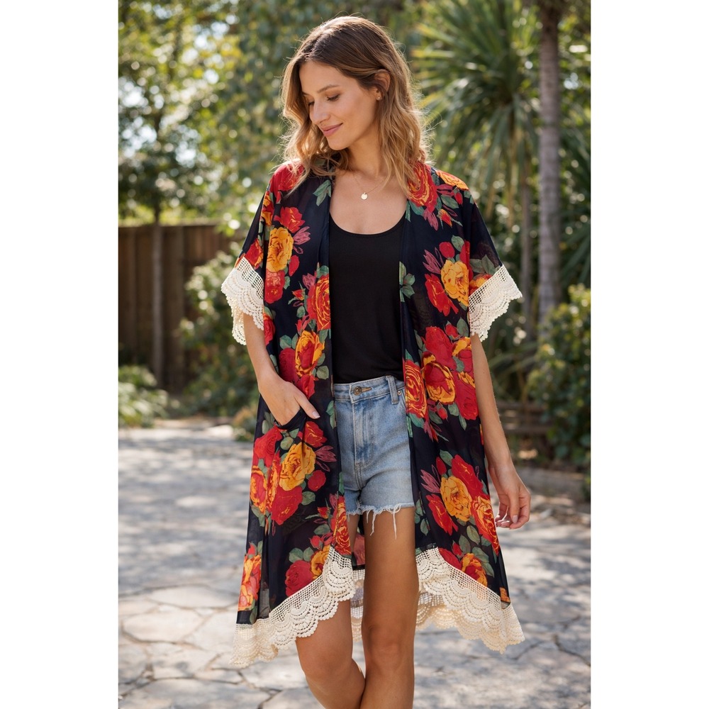 DAVID and YOUNG Floral Rose Kimono Cardigan Black‎ Lace Trim One Size